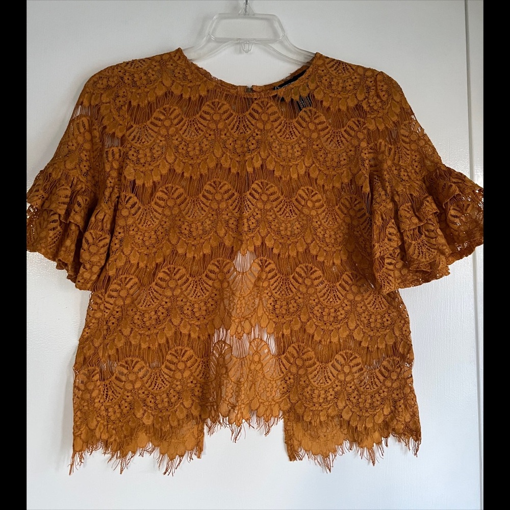Golden Brown Eyelash Lace Ruffle Sleeve Top